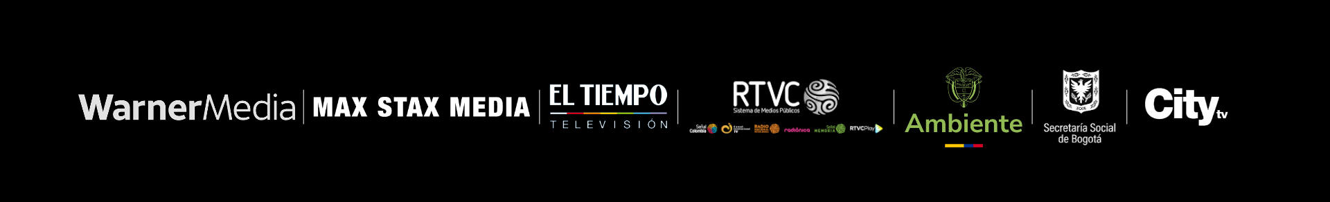 Logos clients : Warner Media, Max Stax Media, El Tiempo Televisión, RTVC, Ambiente Bogotá, Secretaría Social de Bogotá, City.tv